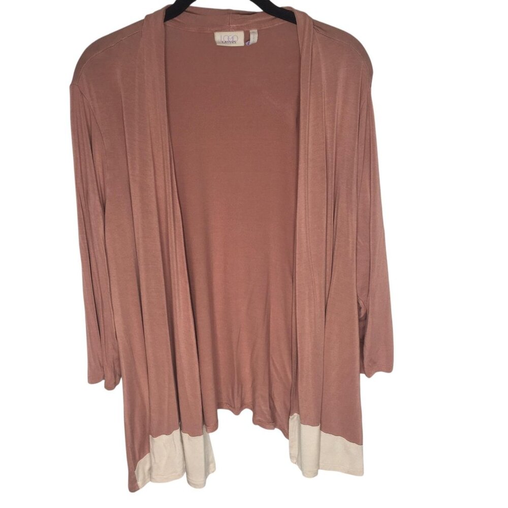 LOGO Layers Cardigan Sweater Womens 1X Mauve Pink Beige Open Front Colorblock